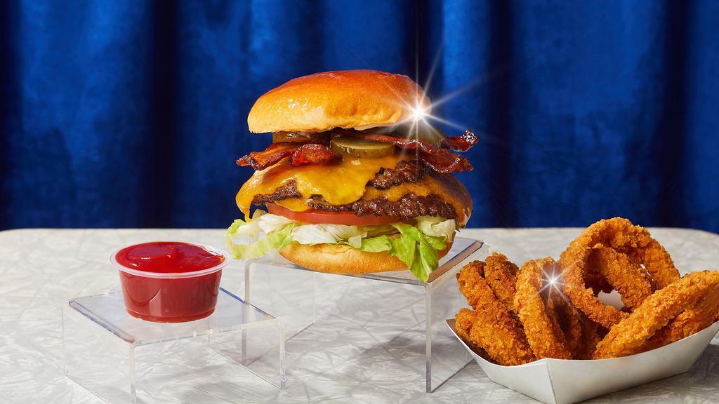 Double Bacon Smash Cheeseburger Combo · Two smash burger patties with bacon, cheddar cheese, lettuce, tomatoes, onion, pickles, and mayo. Comes with your choice of side.