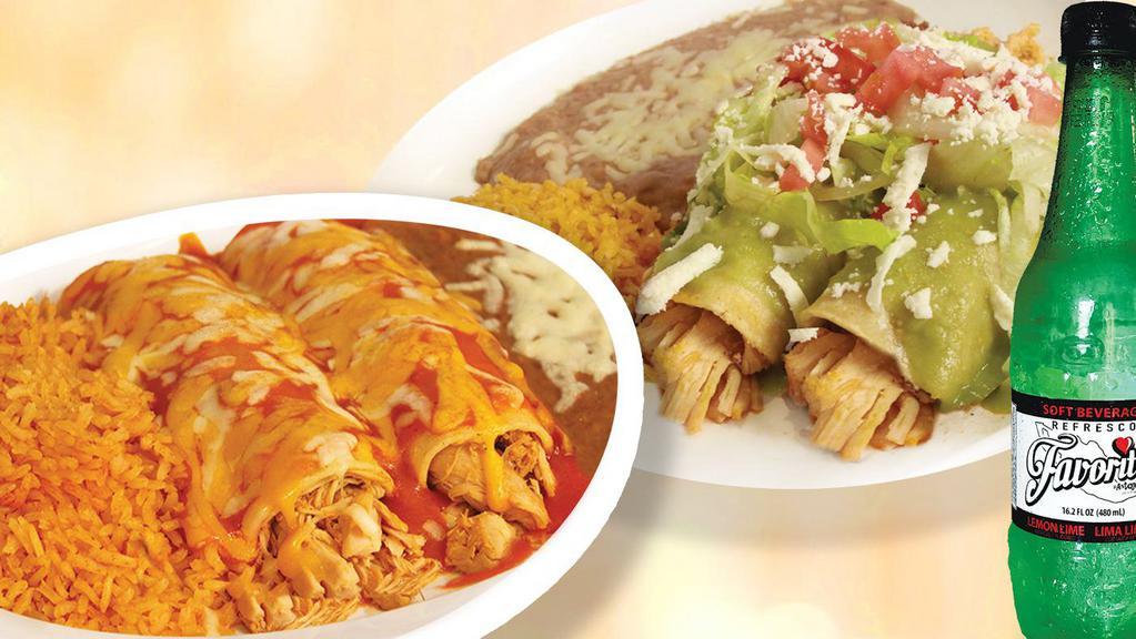 Enchilada Plate Special · Two chicken enchiladas, your choice Mexicanas or chipotle, served with rice and beans, plus a favoritos® of your choice. No extra meat or substitutions without paying or written on special instructions.