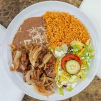 Combo Carnitas · Tender pork fried with onions and spices. Served with rice, beans and handmade tortillas. No...