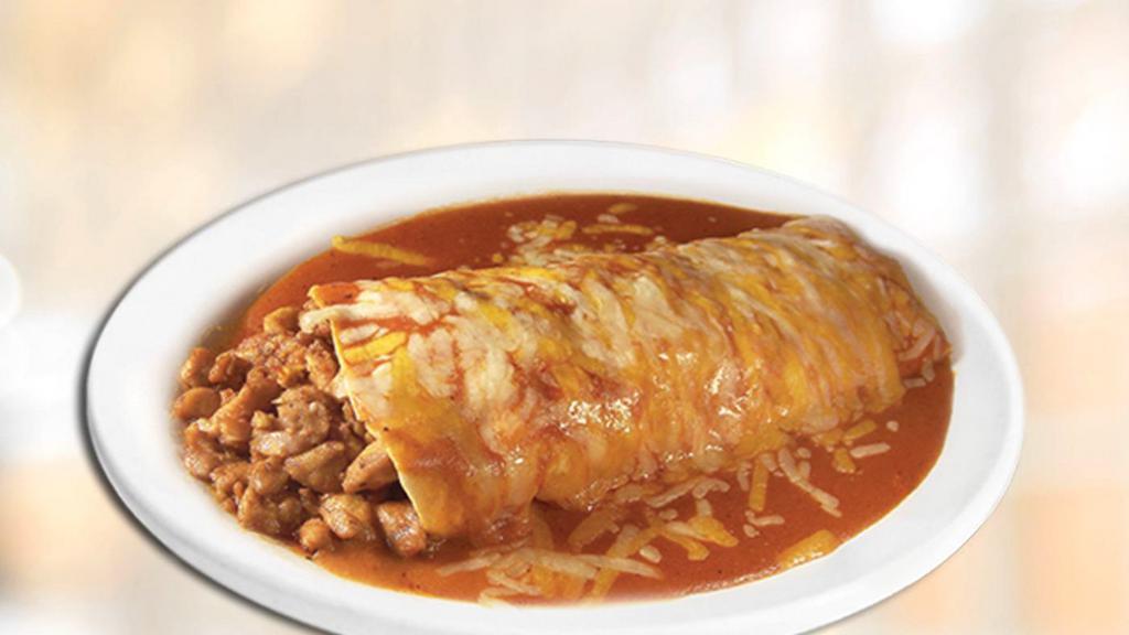 Burrito Chipotle · With meat choice, rice, beans, onions, cilantro, salsa, jack cheese. Covered with a mild chipotle sauce, jack and cheddar cheese. No extra meat or substitutions without paying or written on special instructions.