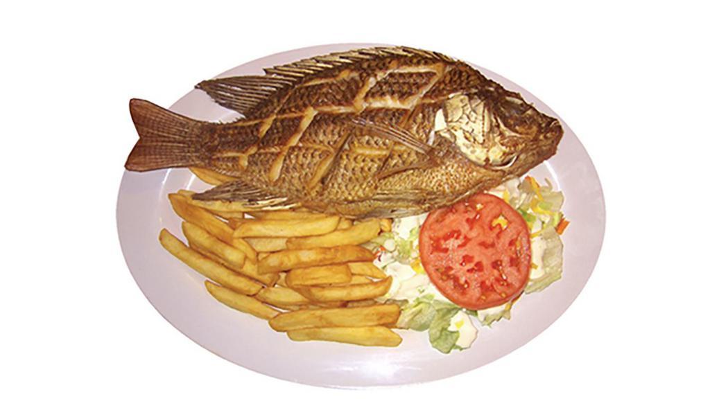 Mojarra Frita · Deep fried tilapia, served with rice and beans or salad and fries. No extra meat or substitutions without paying or written on special instructions.