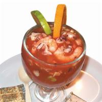 Campechana · Shrimp and octopus in a special shrimp juice, with onions, tomato, cilantro, cucumber and av...