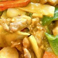 Curry Chiken · (hot & spicy) diced tender chicken sauteed with green pepper, onion & carrot in curry sauce.