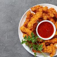 Chicken Fingers With Hot Sauce · Delicious Chicken Fingers battered and fried to perfection. Served with Hot Sauce.