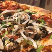 Supreme Pizza · Pepperoni, sausage, mushroom, yellow onion, black olives and green pepper.