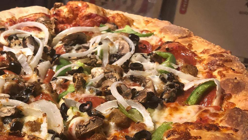Supreme Pizza · Pepperoni, sausage, mushroom, yellow onion, black olives and green pepper.