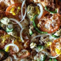 Pizza Vision · Oven roasted chicken, pesto pizza sauce, garden tomato, yellow onion, green pepper, banana p...