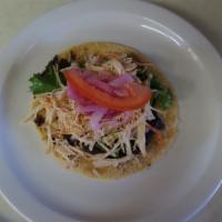Taco With Chicken · Hand made tortilla, shredded chicken, black beans, lettuce, pico de gallo (cabbage, tomato, ...