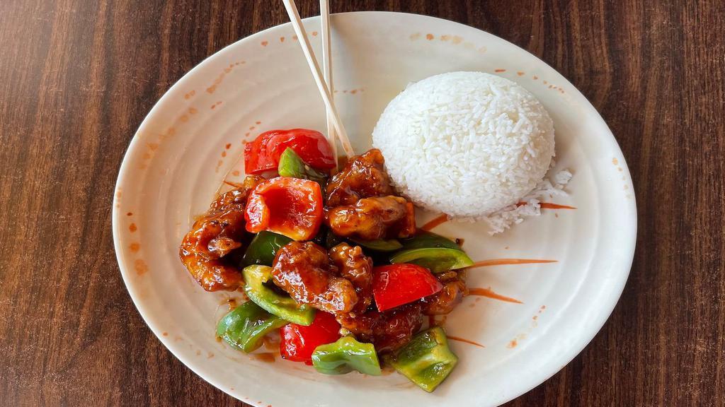 Sweet And Sour Chicken · Stir-fry golden chicken with bell peppers in sweet sour sauce. Serve with white rice
