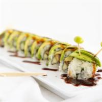 Caterpillar Roll · Avocado and Eel Sauce on top of a Rice Roll containing Broiled Freshwater Eel, and Cucumber