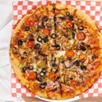 Veggie Pizza · Mushroom, Black & Green Olives, Green Peppers, Tomatoes, Onions, Extra Cheese.