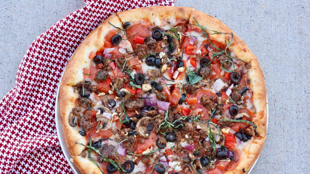 Everything Pizza · Red sauce, sausage, pepperoni, mozzarella, red peppers, onions, black olives & mushrooms