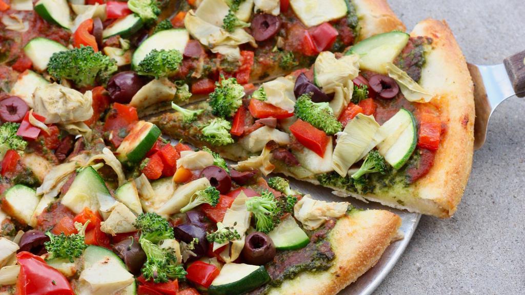 Vegan Crush · Red sauce, vegan pesto (contains pine nuts), zucchini, kalamata olives, artichokes, peppers. Add daiya for additional cost.