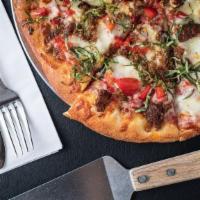 Sausage & Red Peppers · Red sauce, house made sausage, garlic, basil, mozzarella, & roasted peppers.