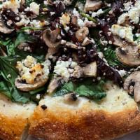 Shroomy Goat · Olive oil & herb crust, goat cheese, mushroom, arugula & spinach, caramelized onions. This p...