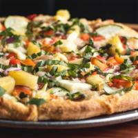 Vegan Thai Curry Pizza · Red curry sauce, cashews,red peppers, onion, cilantro,pineapple, and zucchini with daiya che...