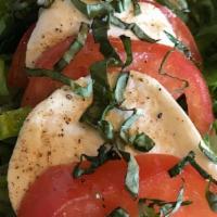 Caprese (Gf) · Chopped romaine, tomato, and fresh mozzarella~ dressed with extra virgin olive oil, and bals...
