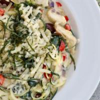 Zucchini Noodle Pasta Primavera (V & Gf) · Artichoke, red peppers, garlic, onions, kalamata olives and spinach. Vegan, gluten-free. Sel...