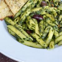 Penne Pesto · Organic pasta, homemade pesto, kalamata olives, pine nuts, & feta. Vegan option upon request...