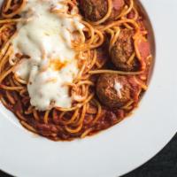 Spaghetti · Organic pasta and marinara topped with mozzarella and baked. $22.50 with meatballs as shown ...