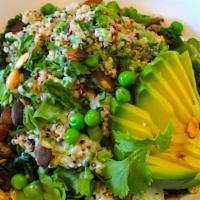 Green Bowl · Quinoa, Avocado, Cucumber, English peas, Asparagus, Pumpin seeds, Cilantro, Steamed Kale, Ja...