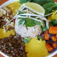 Golden Dragon Bowl · Roasted Cauliflower, Roasted Onions & Carrots, Green Lentils, Brown Rice, Fresh Spinach & He...