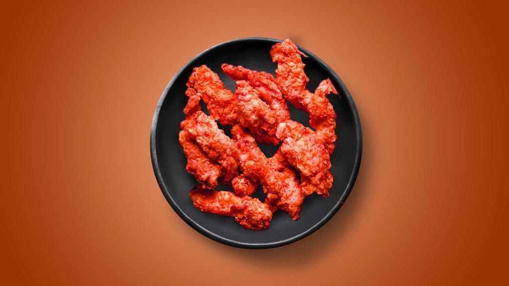 Hot Tenders · 3 batter-fried chicken tenders tossed in a hell sauce. Served with a side of blue cheese or ranch.
