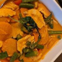 Panang Curry+Rice · Panang curry with coconut milk, with bell pepper, and basil.