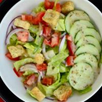 Entrée House Salad · Romaine, cucumber, red onion, Roma tomato, croutons, and Italian dressing.
