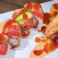 Blossom Roll · Top Salmon, Shrimp Tempura, Crab, Avocado