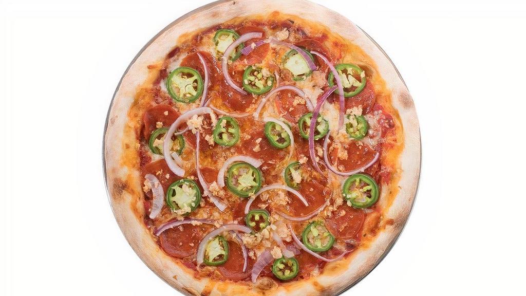 Napalm Breath · Crushed Garlic, Pepperoni, Red Onions, fresh Jalapeños and...more crushed Garlic