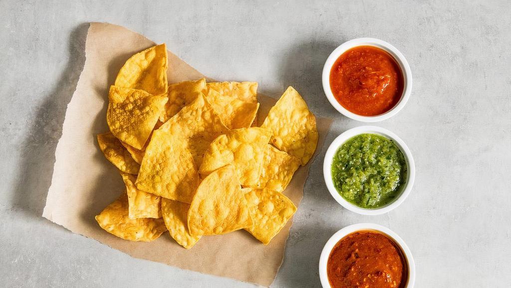 Chips + Salsa · Crispy tortilla chips with a salsa trio. Gluten-friendly. . Roja (mild) a blend of tomatoes, cilantro, onion + lime . Tomatillo (medium) a blend of garlic, jalapeño, cilantro, tomatillo chilis, onion + lime . Diablo (hot!!) a spicy mix of peppers, habanero chilis + garlic .
