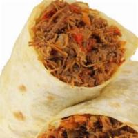 Beef Burrito · Spiced shredded beef boiled, bell pepper, onion and tomato.