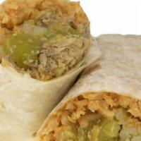  Green Salsa Pork Burrito · Pork meat, green salsa, potatoes, and your choice of beans or rice.