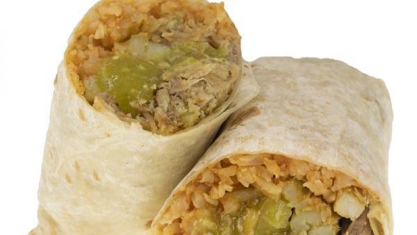  Green Salsa Pork Burrito · Pork meat, green salsa, potatoes, and your choice of beans or rice.