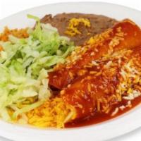 Enchiladas (2) · Your choice of cheese, chicken or beef. Wrapped with two corn tortillas, topped with enchila...