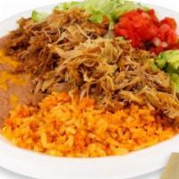 Carnitas Plate · Your choice of chunk pork, adobada, lettuce, pico de gallo, guacamole and tortillas on the s...