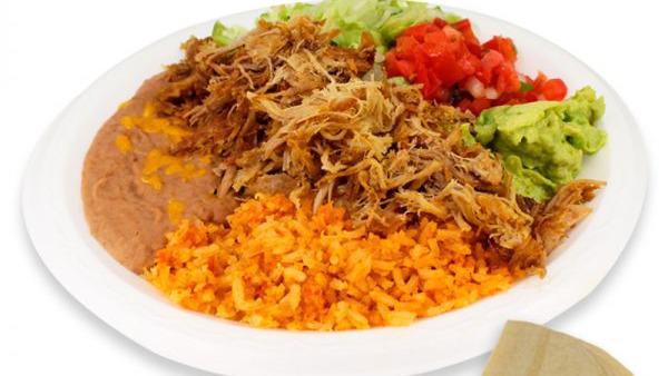 Carnitas Plate · Your choice of chunk pork, adobada, lettuce, pico de gallo, guacamole and tortillas on the side corn of flour.