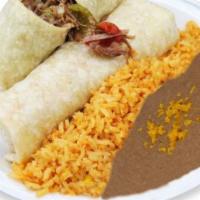 Beef Burritos (2) · Two shredded beef or chicken burritos.