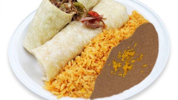 Beef Burritos (2) · Two shredded beef or chicken burritos.