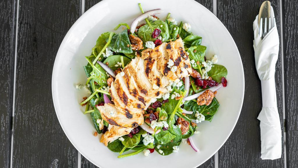 Grilled Chicken Spinach Salad  · Grilled chicken, bacon, spinach, red onions, grape tomatoes, candied pecans, dried cranberries and bleu cheese crumbles in a vinaigrette