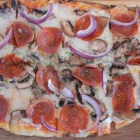 Trifecta Flatbread · Pepperoni, mushrooms and red onions with mozzarella and red sauce on flatbread.