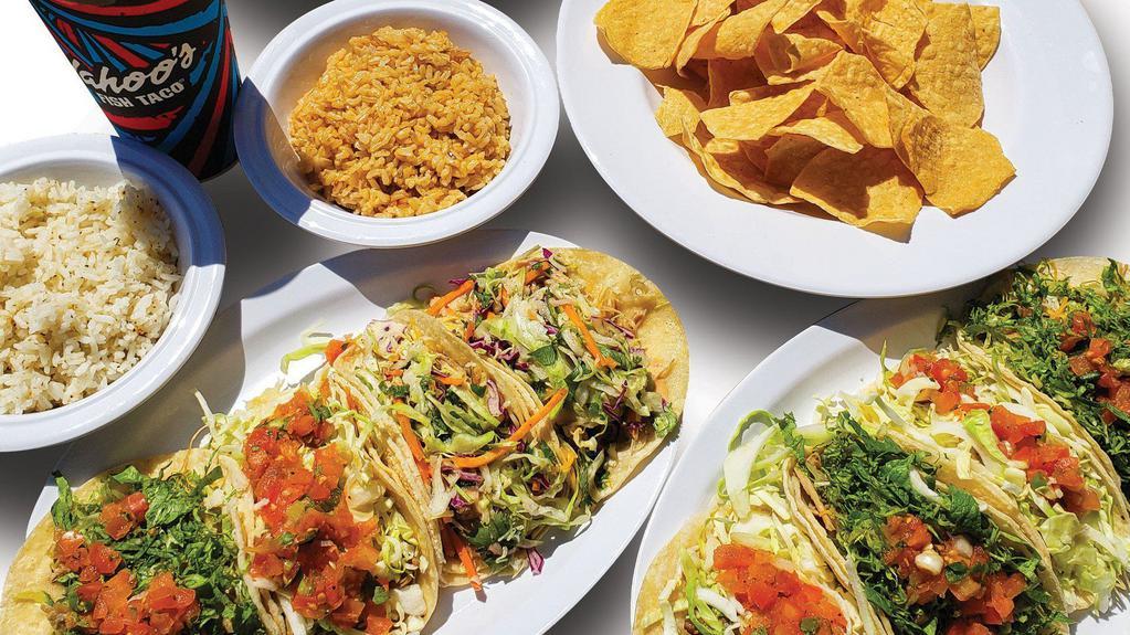 Family Taco Pack · Eight Citrus Slaw Tacos with (2) 12oz Rice and (2) 12oz Beans, (1 order) Chips & Salsa and (1 order) Churro Chips