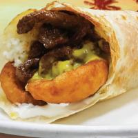 Hawaiian Burrito · Oversized flour tortilla with Teriyaki Carne Asada, melted jack and cheddar cheese, Rice, Ma...