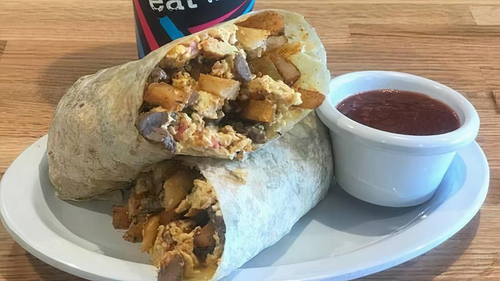 California Breakfast Burrito. · Farm fresh eggs, scrambled with carne asada, house fries, avocado slices, pico de gallo and melted cheese wrapped in a warm flour tortilla