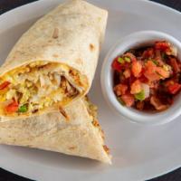 Baja Breakfast Burrito · Farm fresh eggs, scrambled with bacon or sausage, bell peppers, diced onions, hashbrowns and...