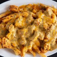 Wahoo'S Fries. · Golden fries with spicy chicken, spicy cajun white beans, melted jack and cheddar cheese top...