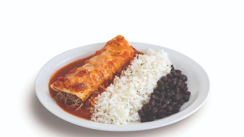 Kid'S Enchilada Plate. · one cheese enchilada with mild red sauce served with rice and beans.