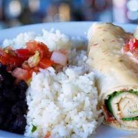 Baja Rolls. · Oversized flour tortilla with cream cheese, chopped chicken breast, baby spinach and dried p...