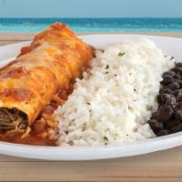 One Enchilada Entrée. · One enchilada with rice and beans